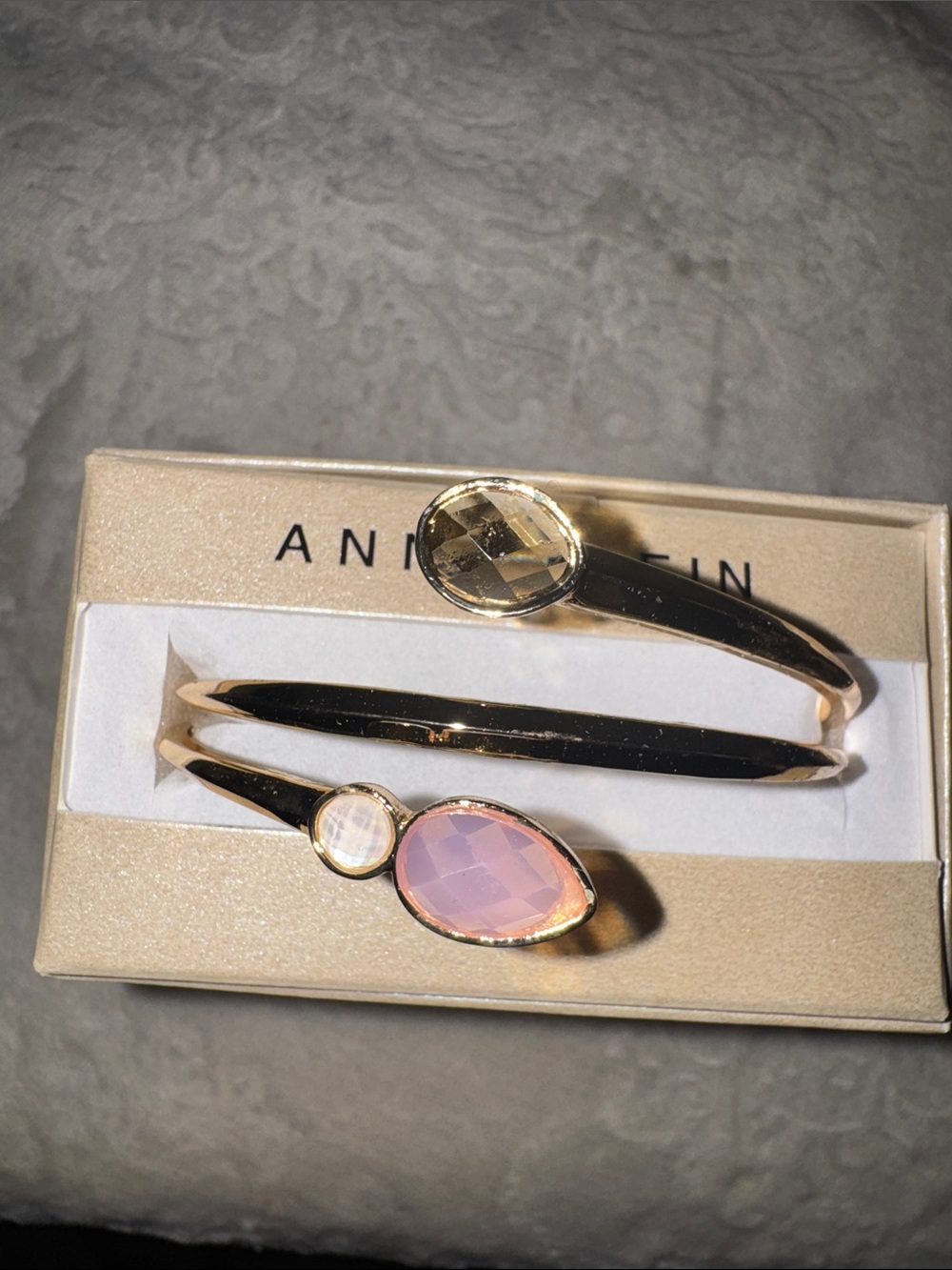 Anne Klein Gold Tone Double Bracelet with Pink and Clear Faceted Stones